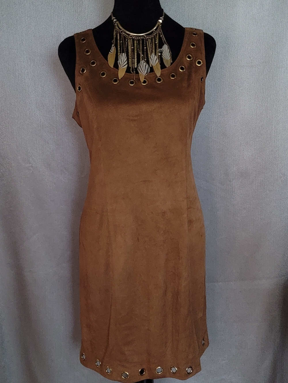 Sleeveless Faux Suede Eyelet Shift Dress in Brown